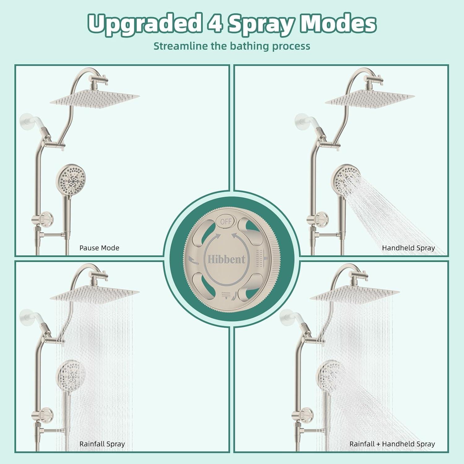 10'' High Pressure Rainfall Shower Head/Handheld Showerhead Combo with 12'' Adjustable Curved