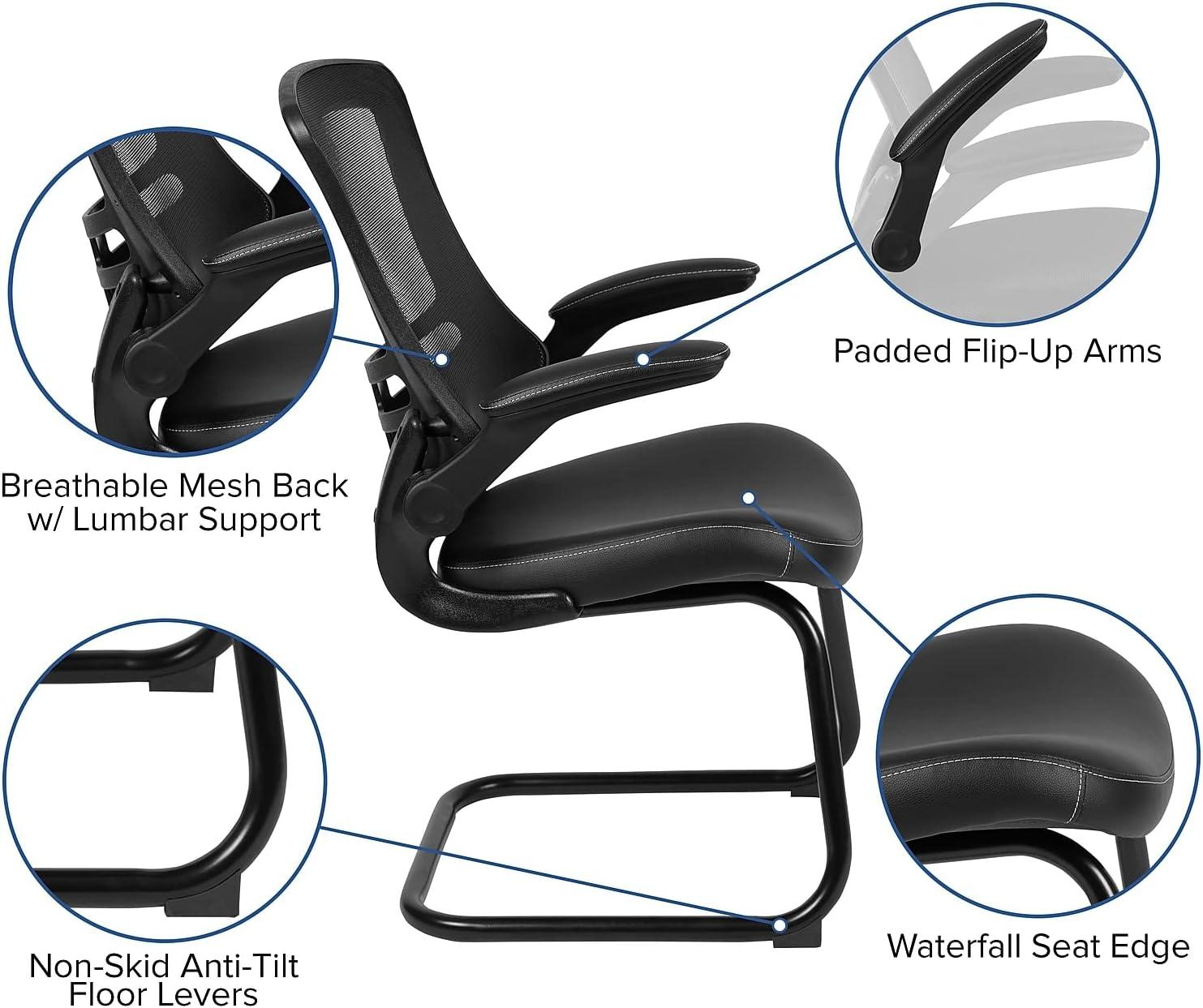 Flash Furniture Kelista Black Mesh Sled Base Side Reception Chair with White Stitched LeatherSoft Seat and Flip-Up Arms