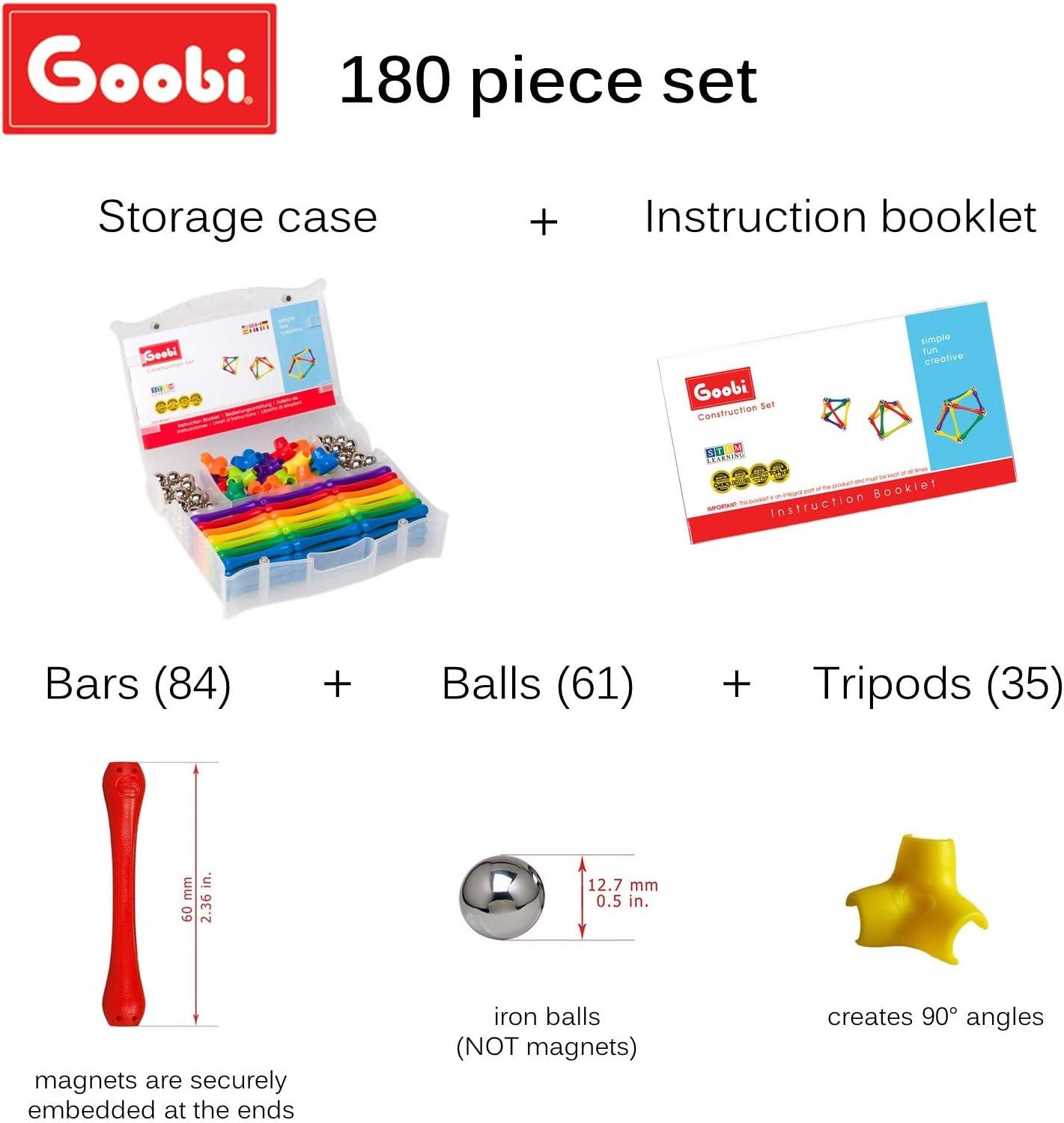 Goobi 180 Piece Magnetic Building Sticks Blocks Tiles Toy Magnet 3D Construction Set STEM Educational Toys for 3 4 5 6 7 8 Year Old Kids Boys Girls Adults with Storage Box and Instruction Guide