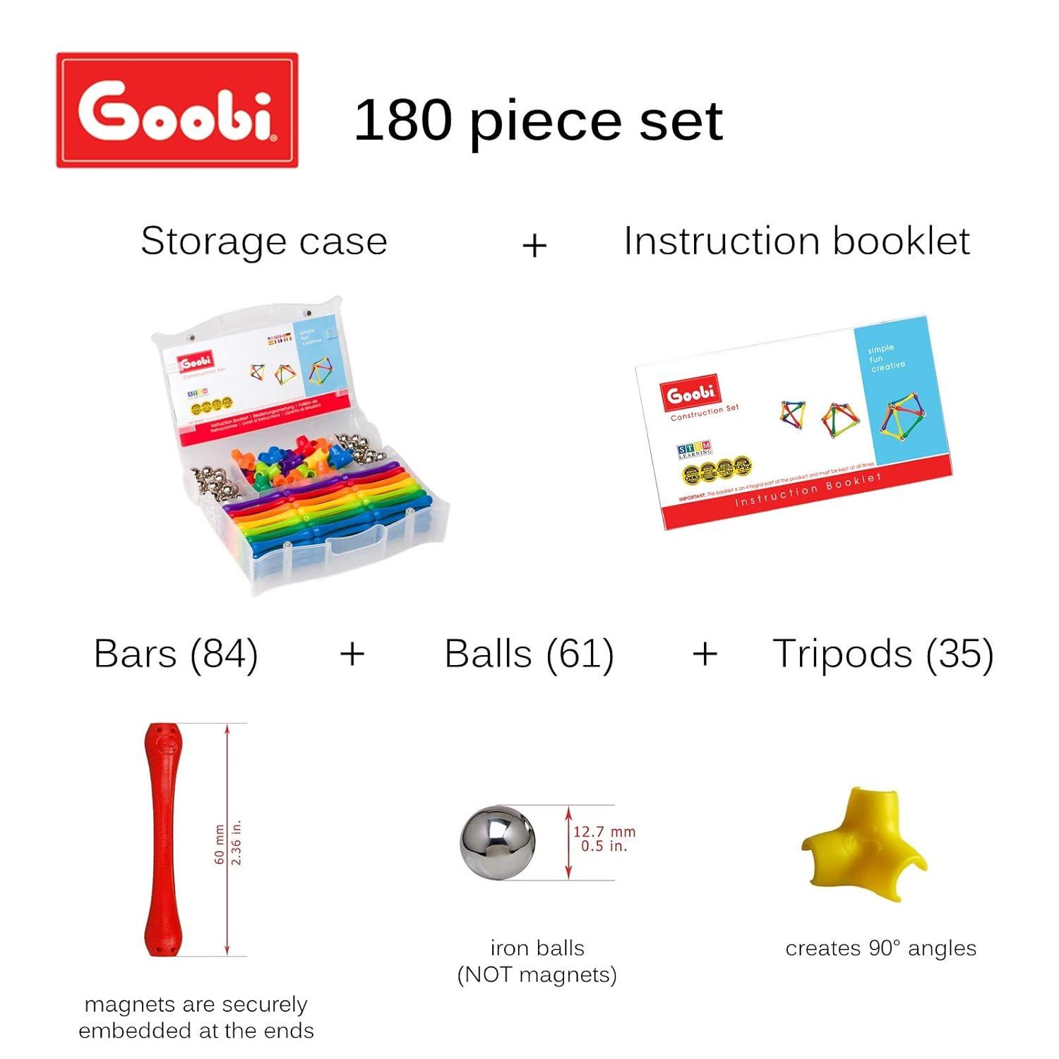 Goobi 180 Piece Magnetic Building Sticks Blocks Tiles Toy Magnet 3D Construction Set STEM Educational Toys for 3 4 5 6 7 8 Year Old Kids Boys Girls Adults with Storage Box and Instruction Guide