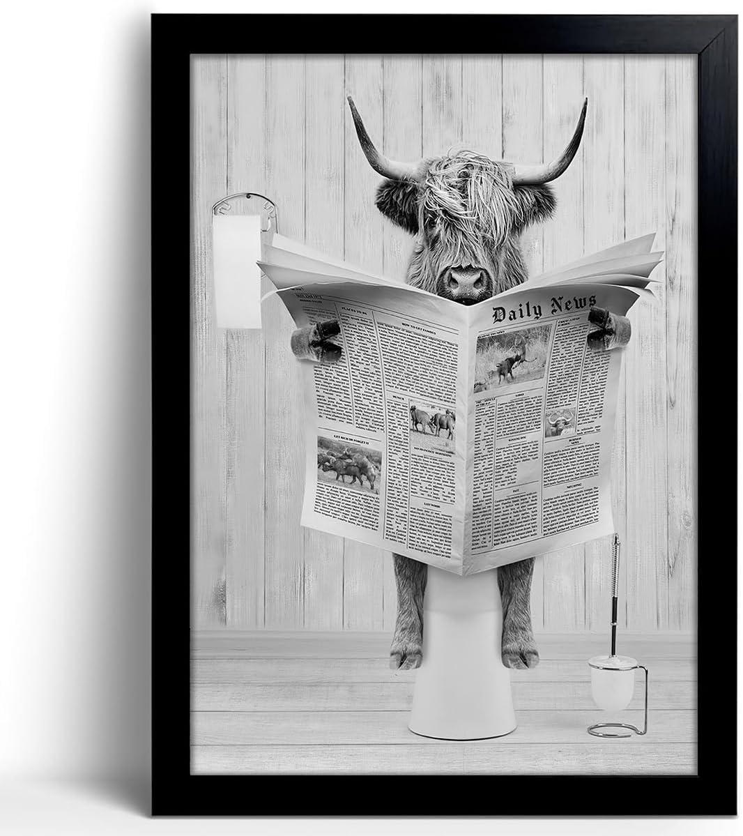 Modern Black Framed Highland Cow Wall Art Minimalist Bathroom Wall Decor Cute Funny Animals Artwork Canvas Prints Ready to Hang for Guest Bathroom, Hotel, Condo, Kids Bathroom, 12”x16”