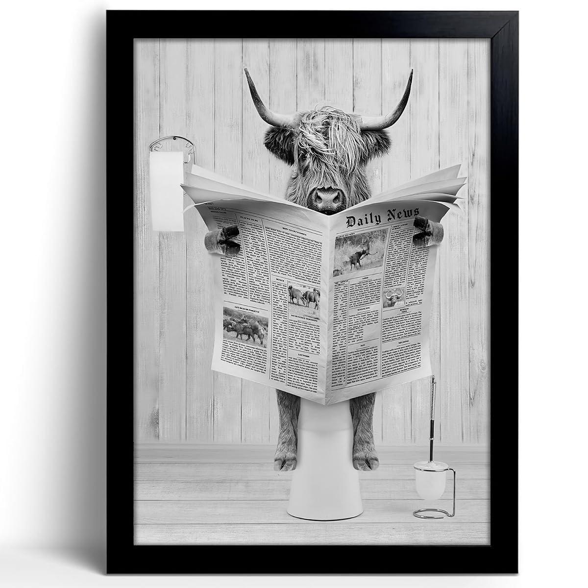 Modern Black Framed Highland Cow Wall Art Minimalist Bathroom Wall Decor Cute Funny Animals Artwork Canvas Prints Ready to Hang for Guest Bathroom, Hotel, Condo, Kids Bathroom, 12”x16”