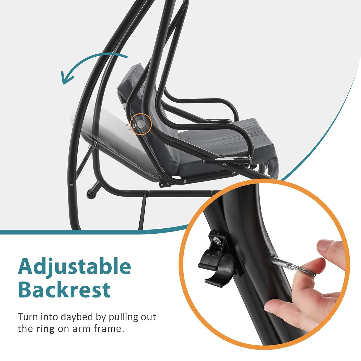 MCombo 3 Seat Patio Swing Chair, Outdoor Swing with Adjustable Canopy, Porch Swing