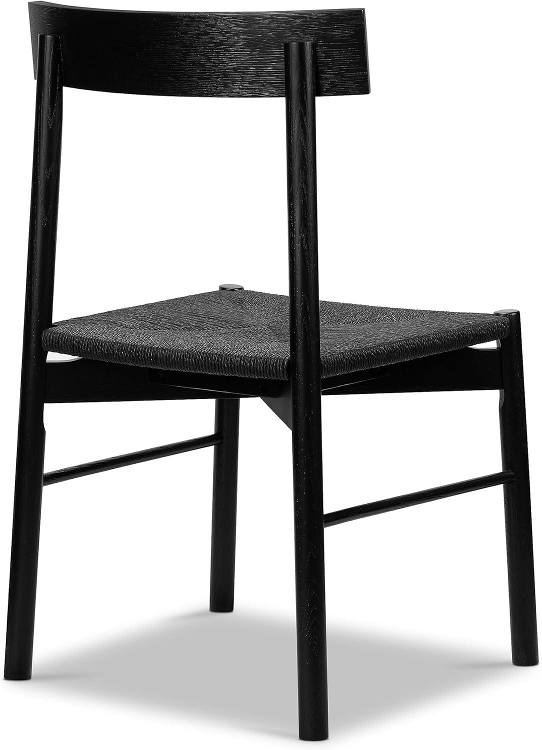 Pitch Black Solid Wood Dining Chair with Woven Seat