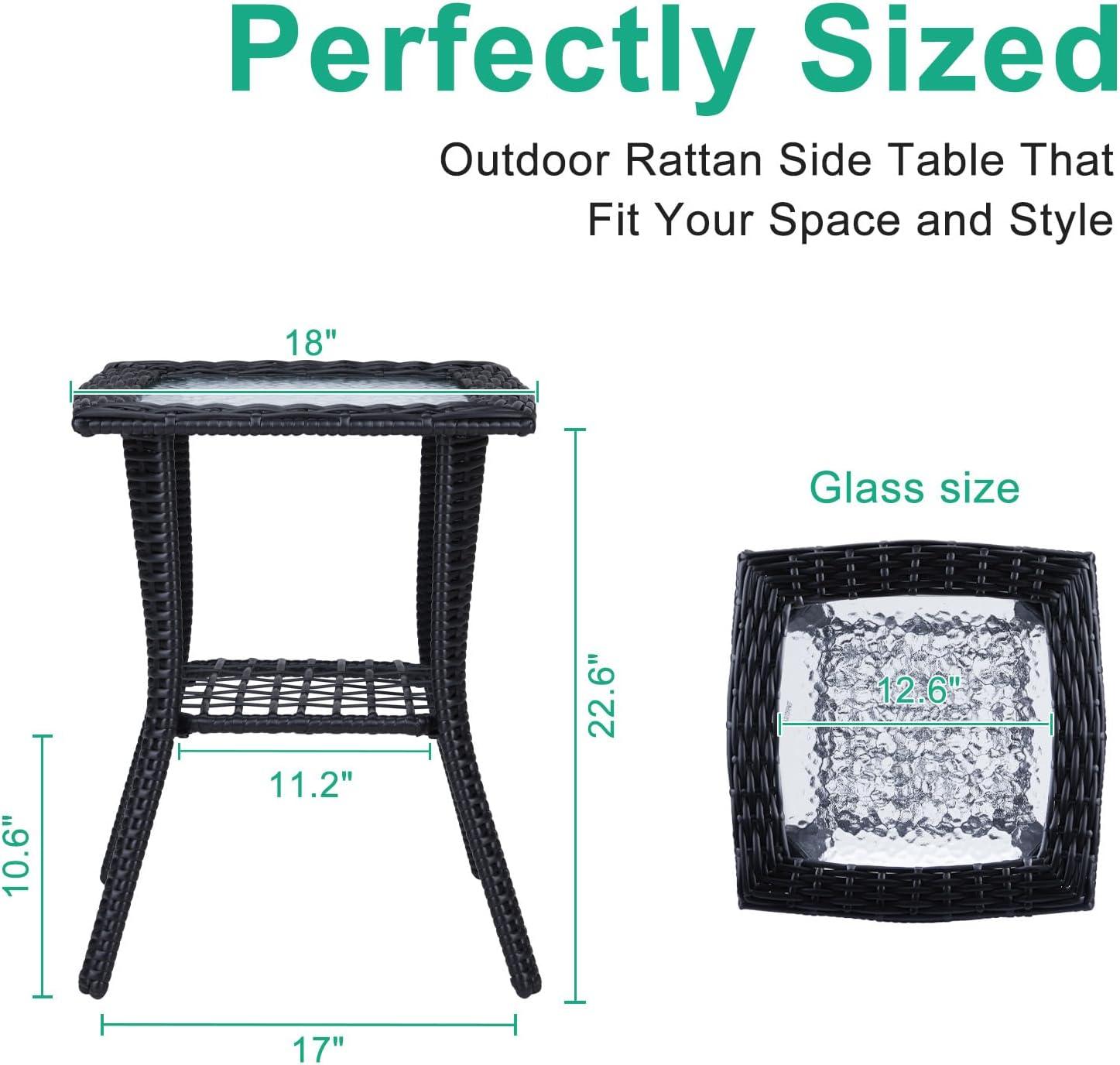 Black Wicker Outdoor End Table with Glass Top and Storage