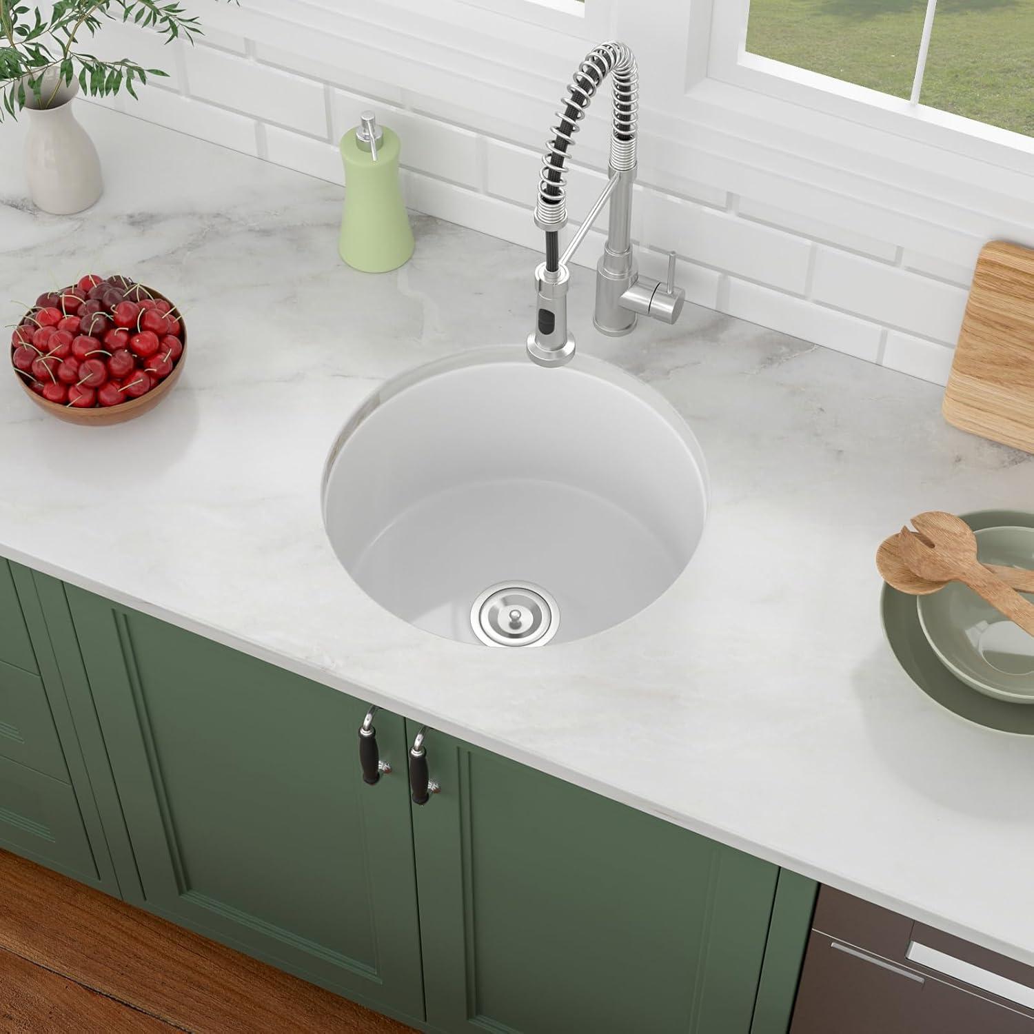 White Undermount Kitchen Sink 18"x18" Round White Undermount Sink Round Ceramic Fireclay Single Bowl Deep Bar Sink with Sink Grid and Basket Strainer.LOF-LWFS1818
