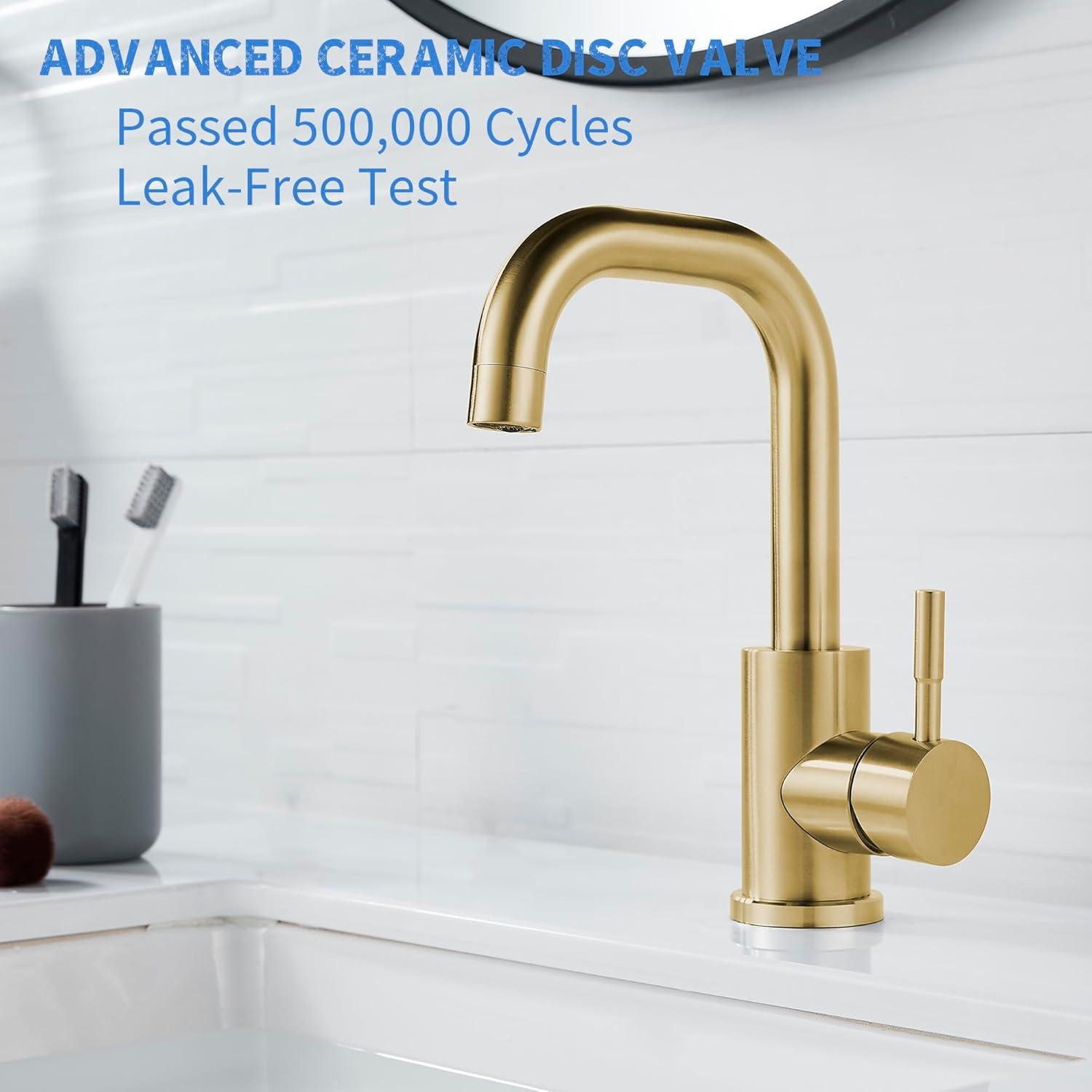 Single Hole Bathroom Sink Faucet Brushed Gold, Modern Single Handle Bathroom Faucet Stainless Steel Swivel Spout Commercial RV Bathroom Faucet Wet Bar Faucet