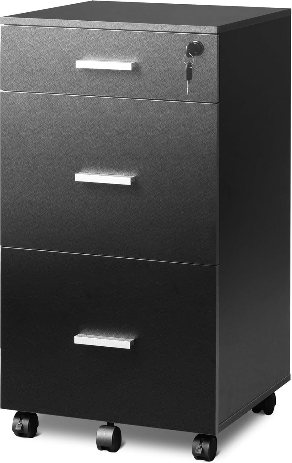 GALAXHERO  3 Drawer Rolling File Cabinet with Lock, Wood Filing Cabinet fits Letter / A4 Size for Home Office, Black
