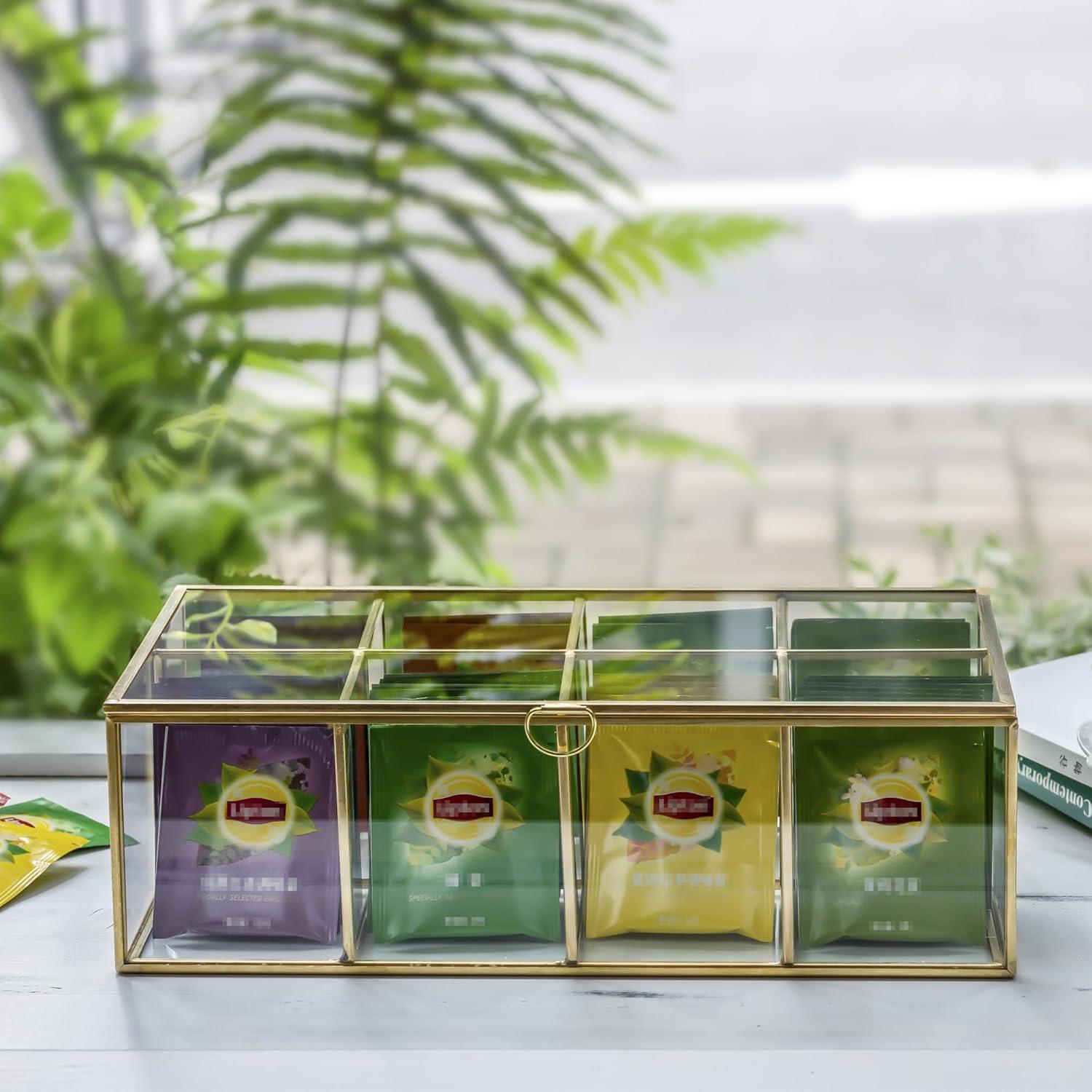 NCYP Glass Tea Bags Organizer, 12" x 7.1" x 3.7" Sugar Packets Storage Box - 8 Grids Compartments Jewelry Container, Indoor Counter Top Brass Display Case with Lid, Gold Decor (Glass Box Only)