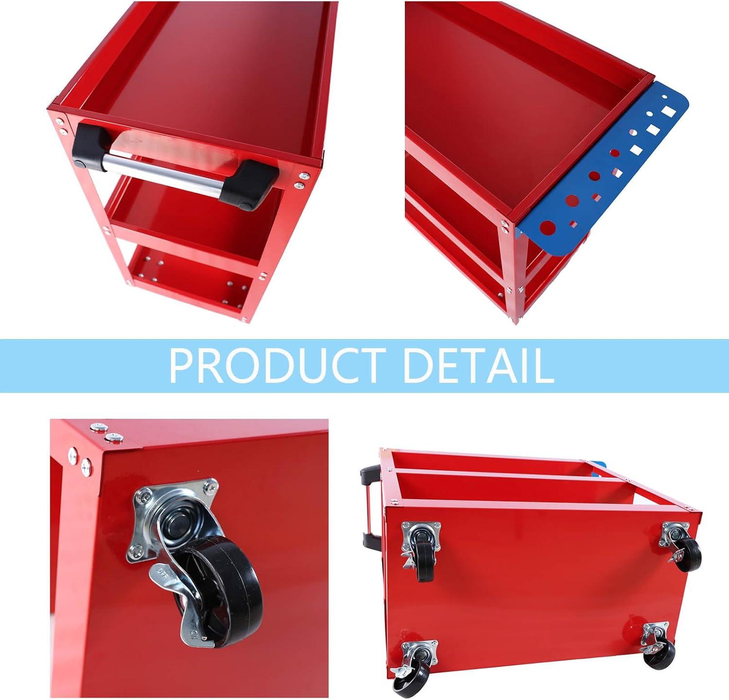 3-Tier Utility Cart,3 Shelves Rolling Carts with Brake Wheels,450lbs Load Capacity,Heavy Duty Mechanic Storage Cart Utility Cart for Garage Warehouse Workshop (Red)