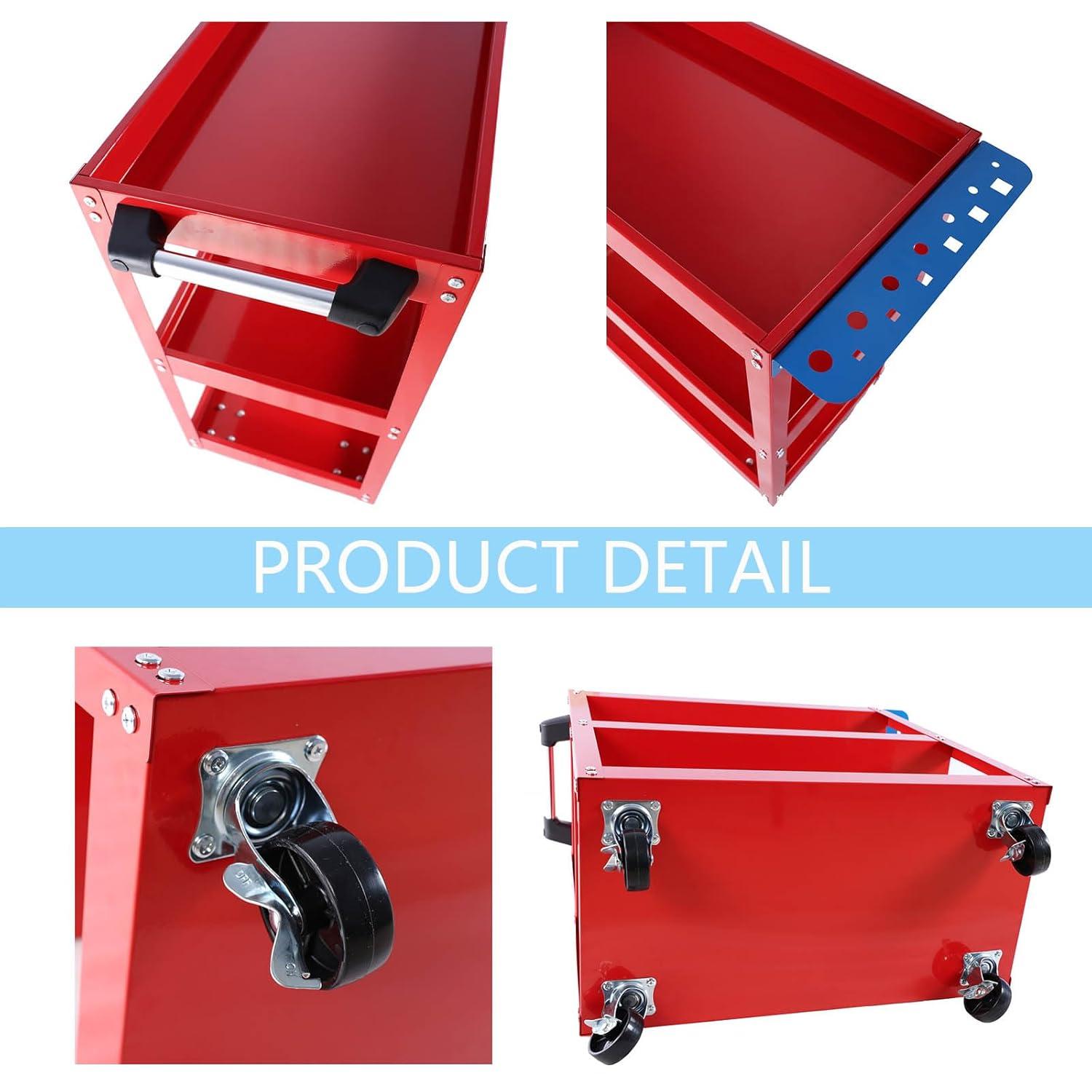 3-Tier Utility Cart,3 Shelves Rolling Carts with Brake Wheels,450lbs Load Capacity,Heavy Duty Mechanic Storage Cart Utility Cart for Garage Warehouse Workshop (Red)