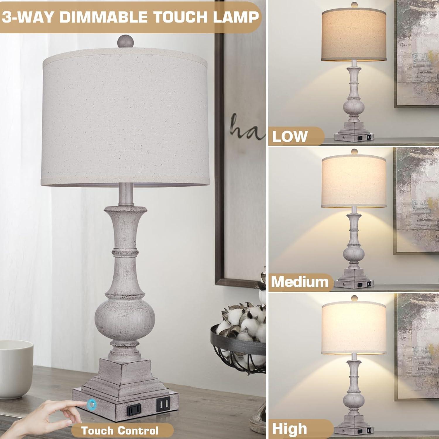 Cinkeda Farmhouse Touch Table Lamps with USB Ports AC Outlet Modern 3 Way Dimmable Resin Bedside Nightstand Lamp Set of 2 for Living Room Bedroom