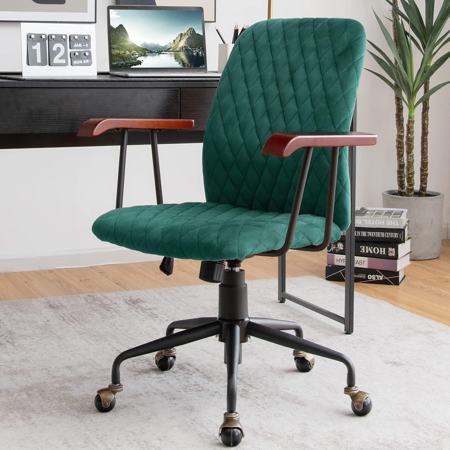 Costway Velvet Home Office Chair Swivel Adjustable Task Chair w/ Wooden Armrest