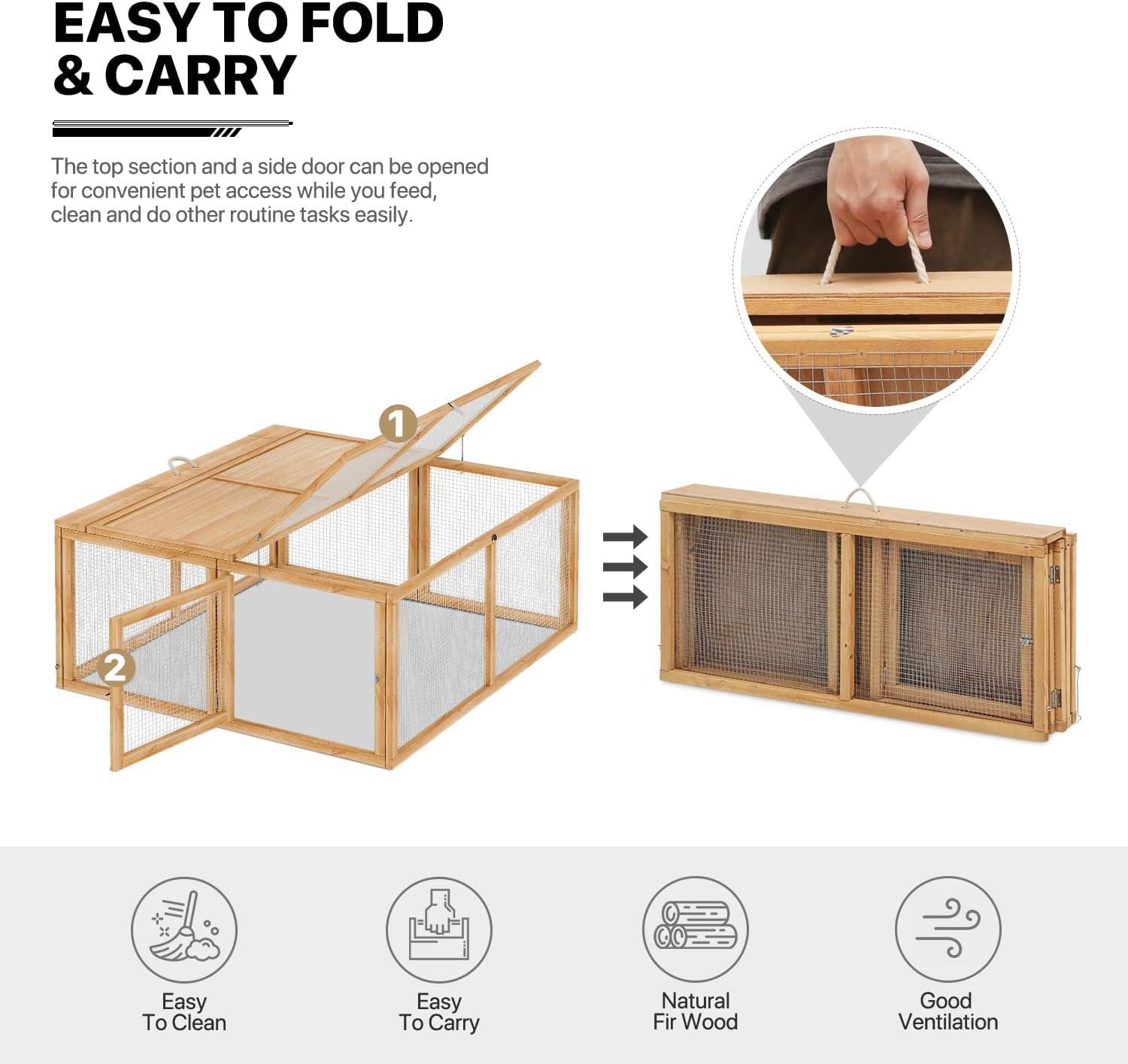 MoNiBloom 45.5" Wooden Chicken Coop Rabbit Hutch, Fir Wood Pet Cage Small Animal Poultry Cage Run with 2 Access Areas, Foldable Pet House Outdoor Large Hen House (Natural)