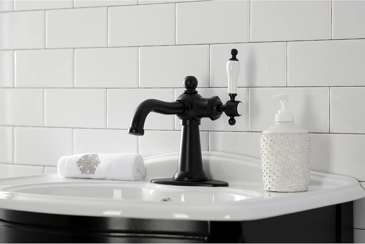 Kingston Brass KSD154KLMB Nautical One-Handle Single-Hole Bathroom Faucet with Deck Plate and Push Pop-Up Drain, Matte Black