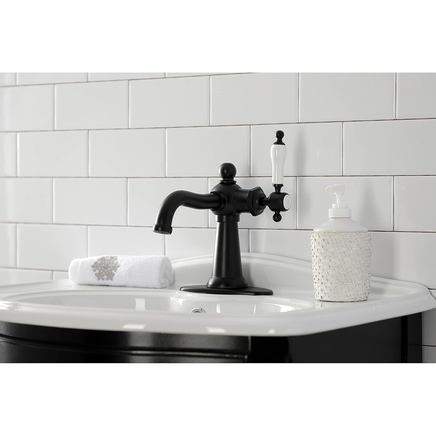 Kingston Brass KSD154KLMB Nautical One-Handle Single-Hole Bathroom Faucet with Deck Plate and Push Pop-Up Drain, Matte Black