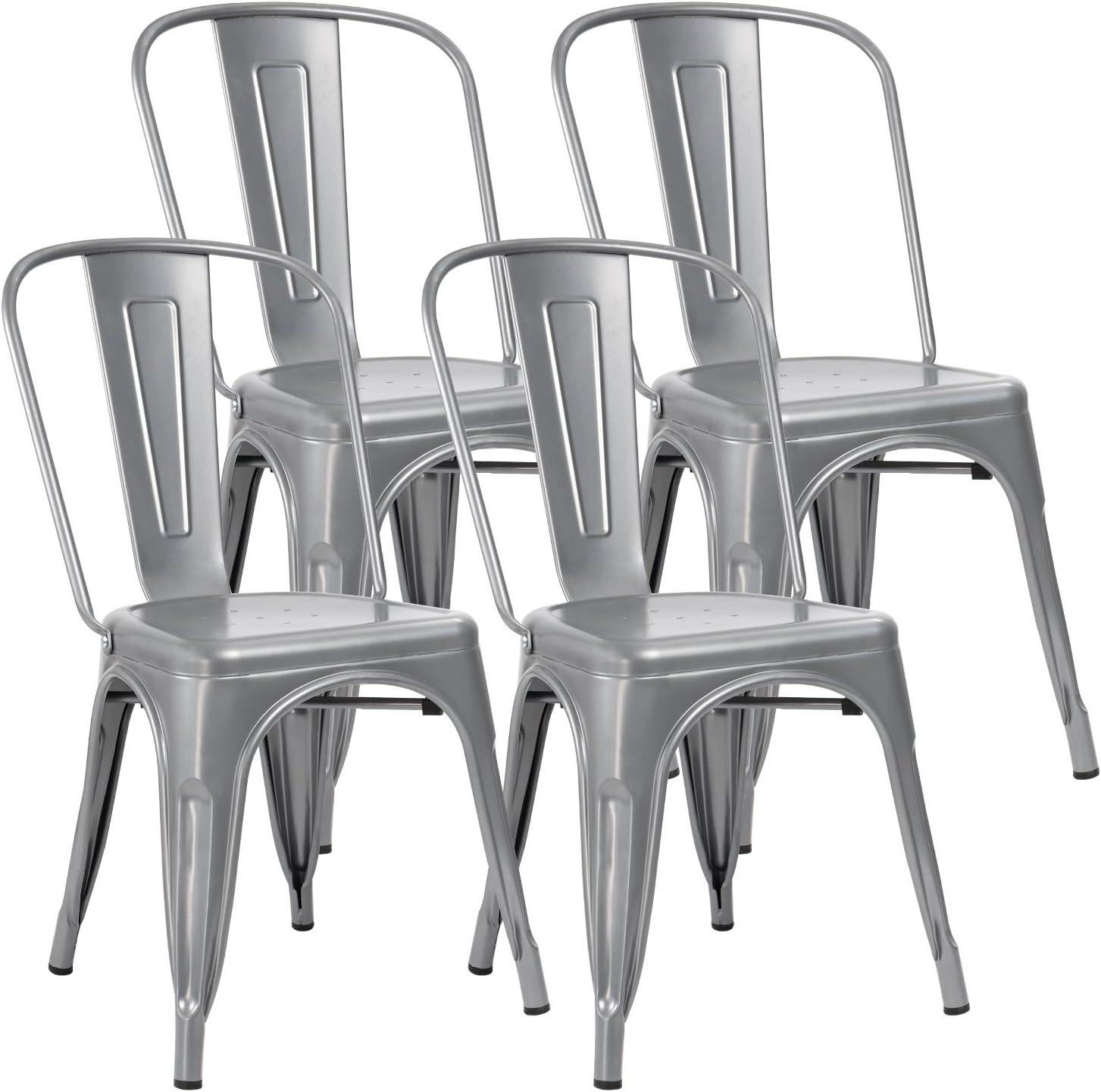 Silver Metal Stackable Indoor-Outdoor Dining Chairs Set of 4