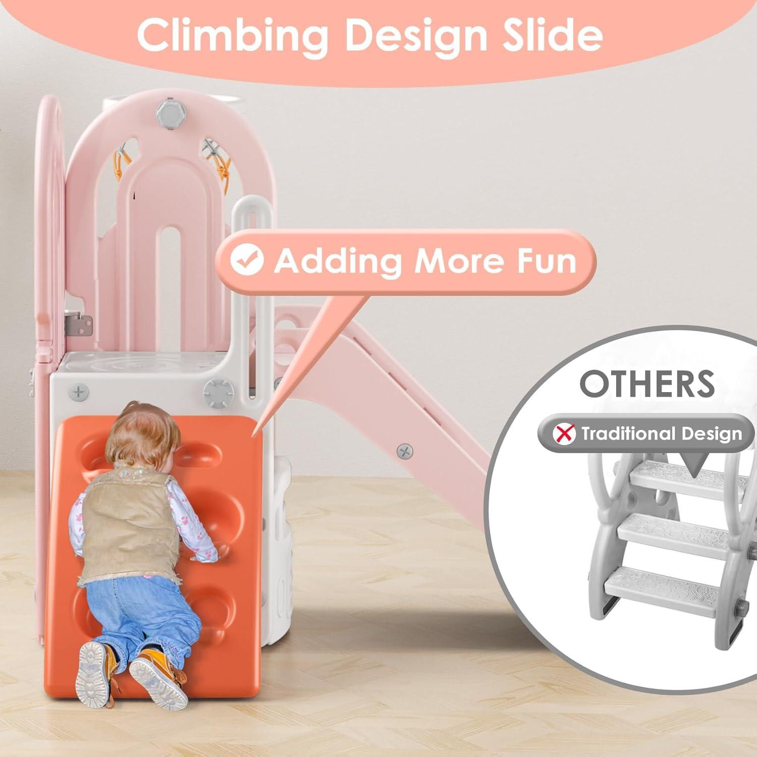 Pink and Orange 4-in-1 Toddler Slide with Basketball Hoop