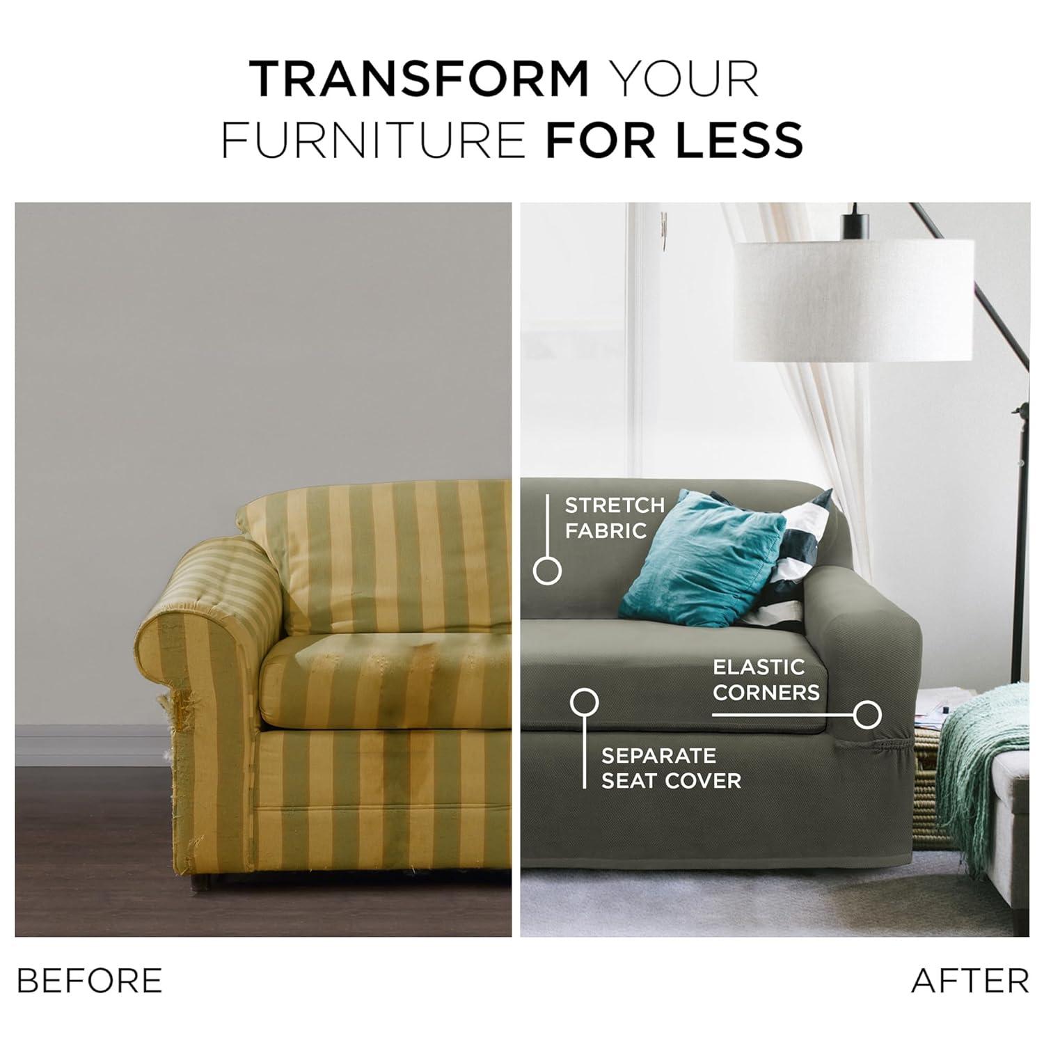 Zenna Home Pixel 2-Piece Stretch Sofa Furniture Slipcover, Dark Olive Green