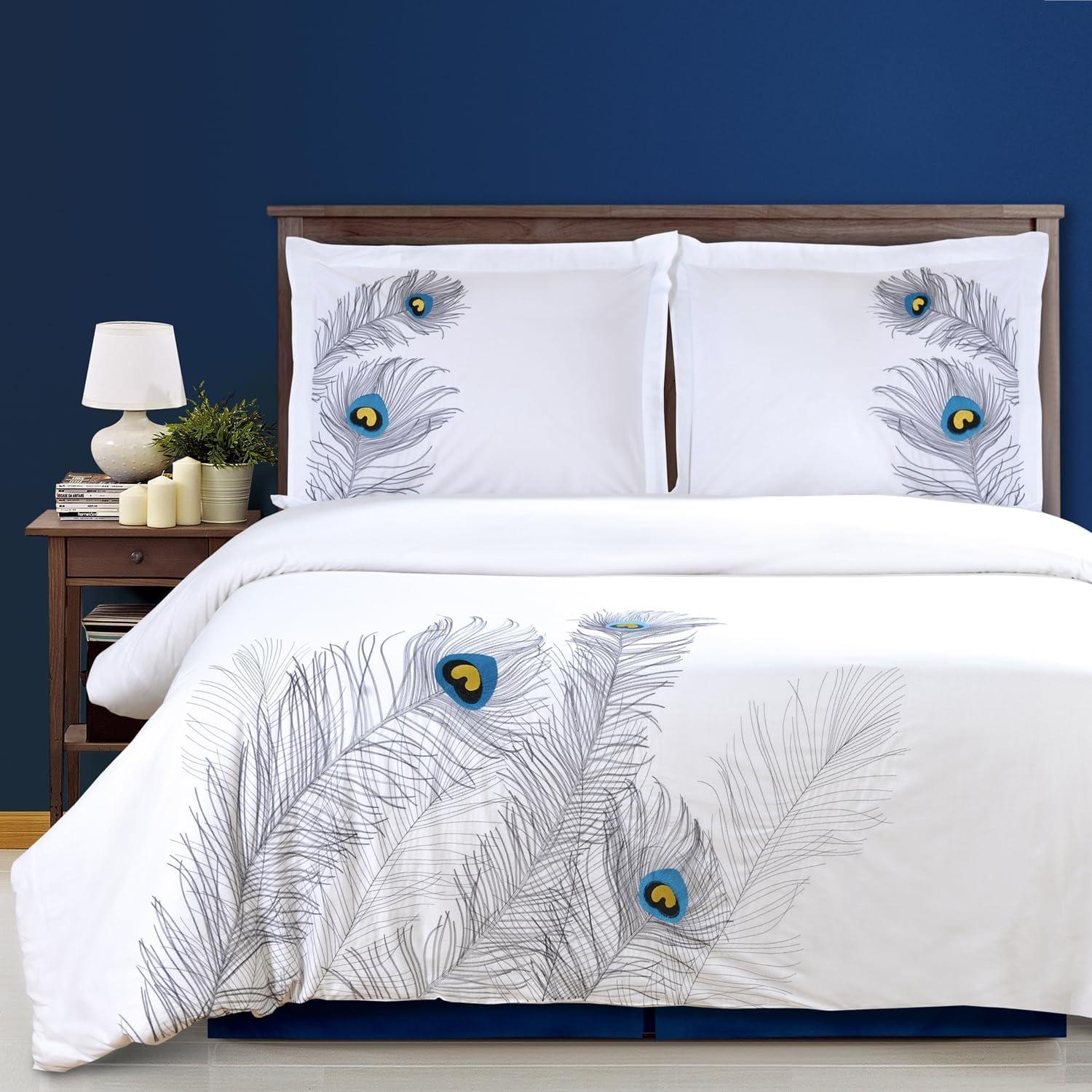 Silver Embroidered Peacock Cotton King/California King Duvet Cover Set