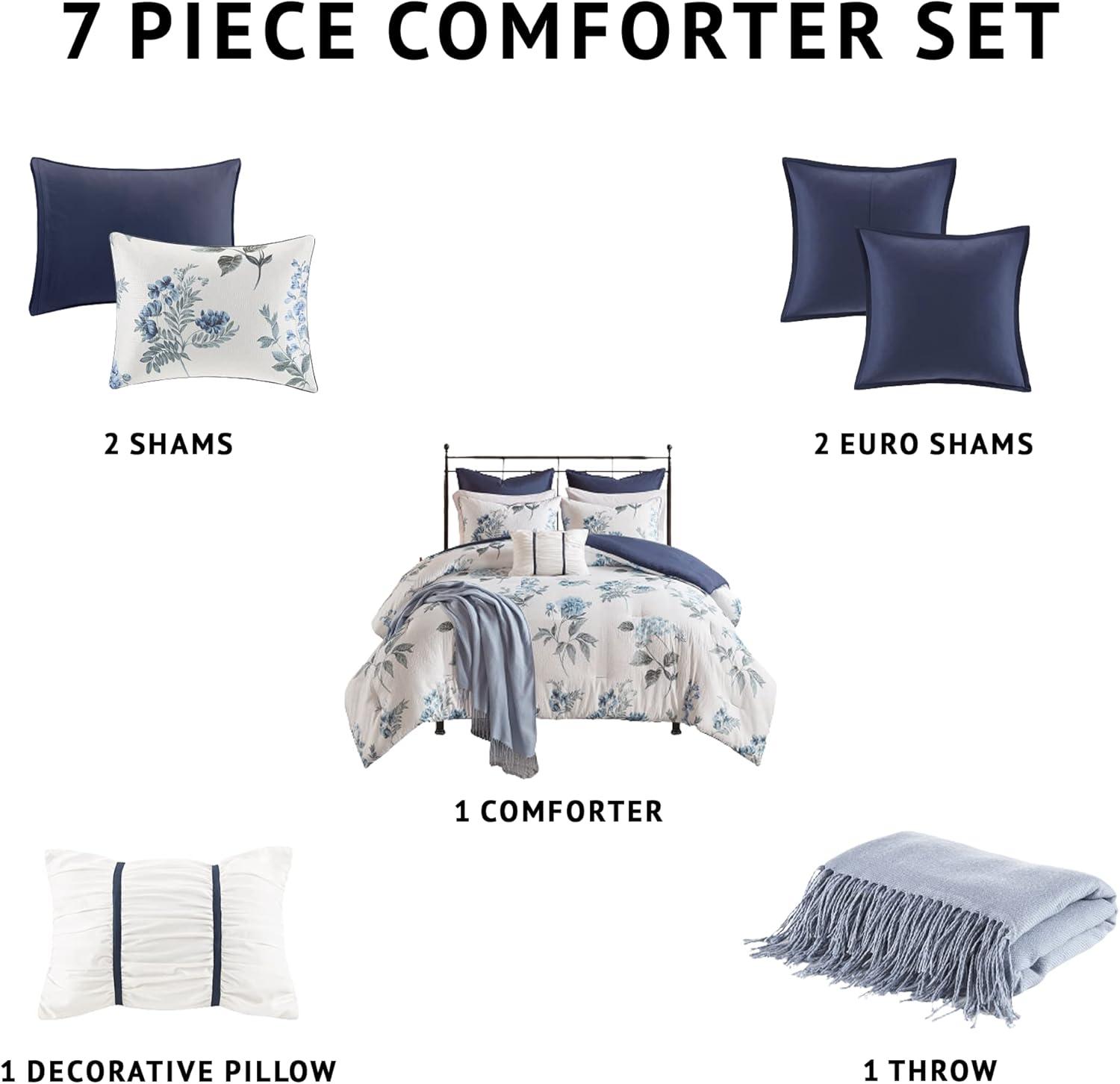 Madison Park Zennia 7 Piece Seersucker Floral Comforter Set with Throw Blanket