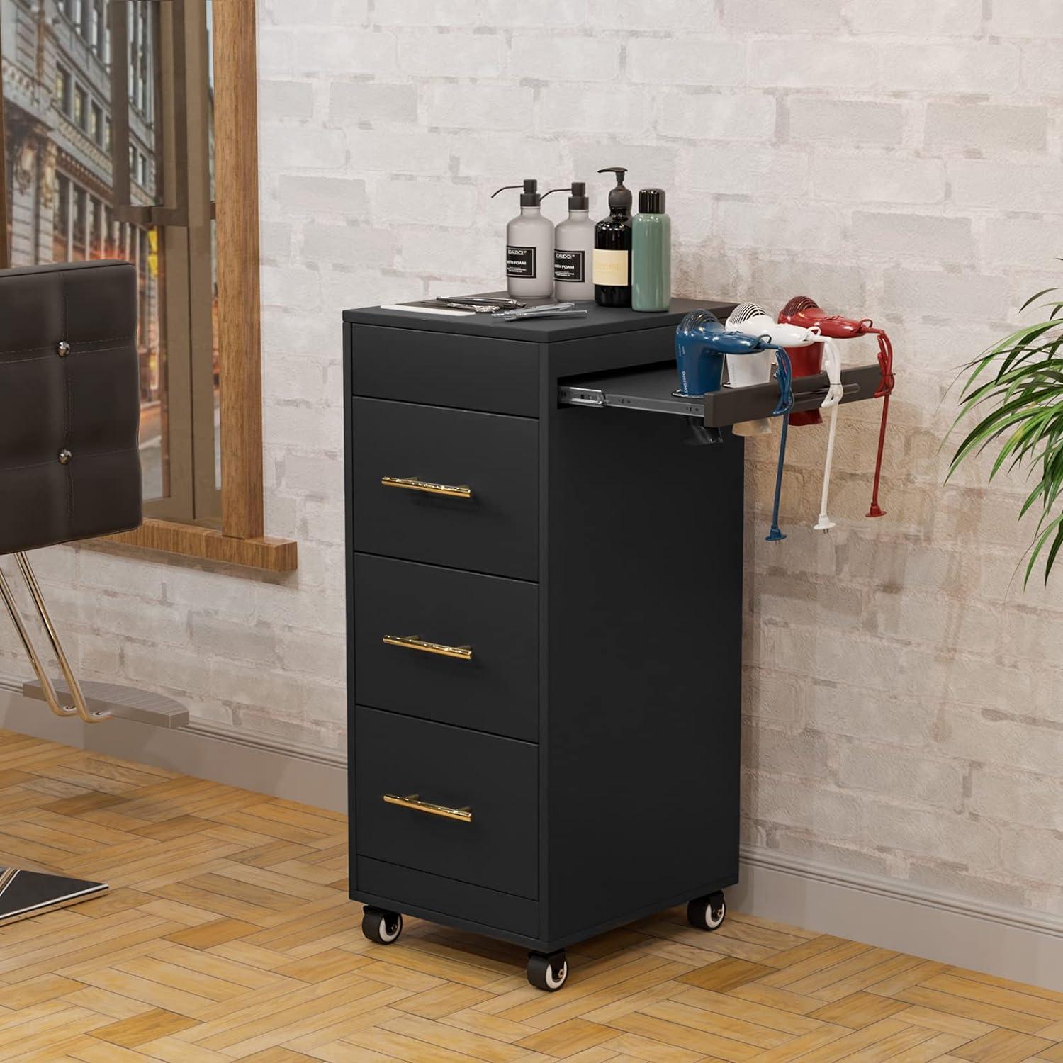 Salon Trolley Cart with Wheels, Wooden Hair Storage Cabinet, Stylist Cart Mobile Hairdressing Barber Station for Beauty Spa Barbershop, 3 Large Drawers, 3 Hot Tool Holders, Black