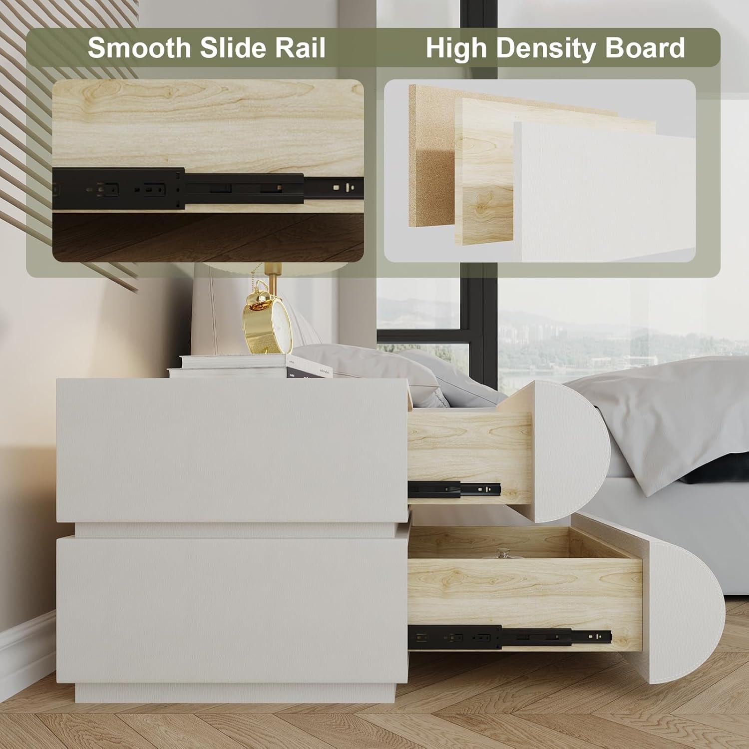 Wrought Studio™ Hasya White Nightstand with 2 Solid Wood Drawers, Leather Bedside Table for Bedroom, No Assembly Required
