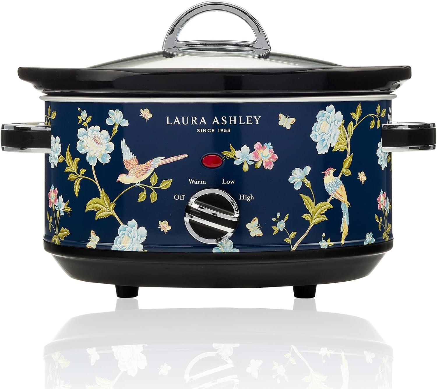 Laura Ashley 3.5L Slow Cooker Navy: Ceramic & Stainless Steel, 3 Settings, 320W, Keep Warm, 4 Quart Pot, 1-Year Warranty