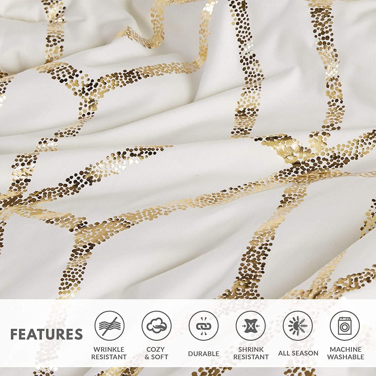 Comfort Spaces Full/Queen Size Comforter Sets, 4-Piece Bedding Set for All Season, Ivory and Gold Comforter Bed Set, Geometric Metallic