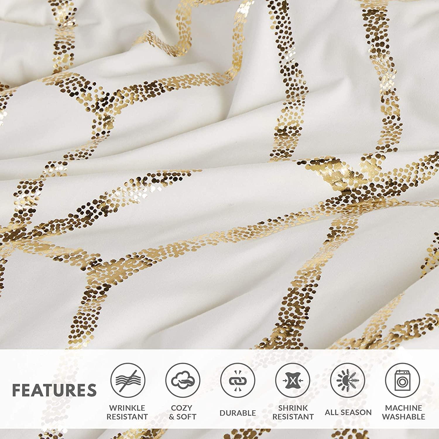 Comfort Spaces Full/Queen Size Comforter Sets, 4-Piece Bedding Set for All Season, Ivory and Gold Comforter Bed Set, Geometric Metallic