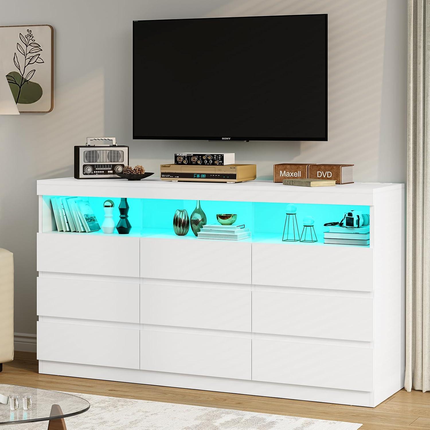 Modern White Double Dresser with LED Lights and Charging Station