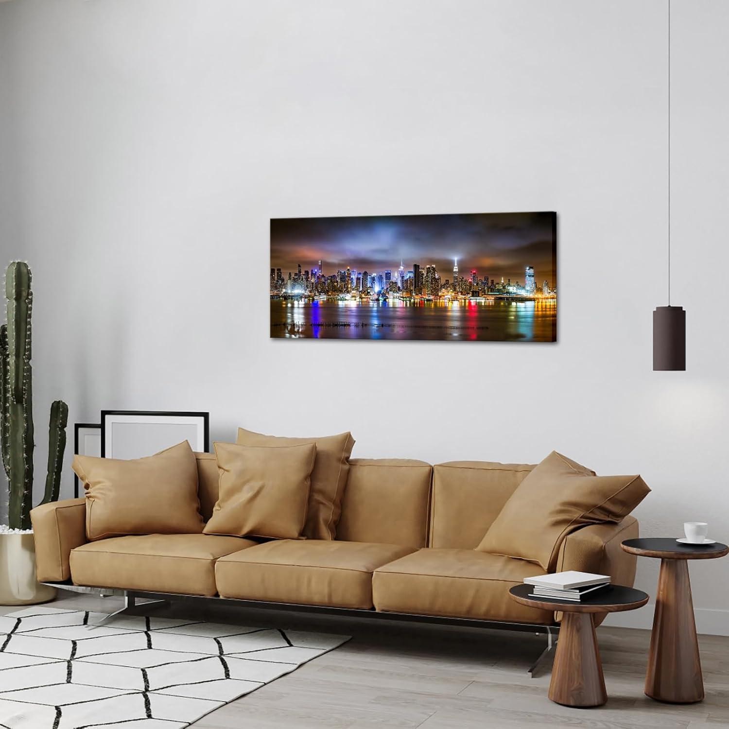 sechars - New York City Wall Art Manhattan Skyline Panorama on Cloudy Night Picture Giclee Art Print Modern Home Office Wall Decoration
