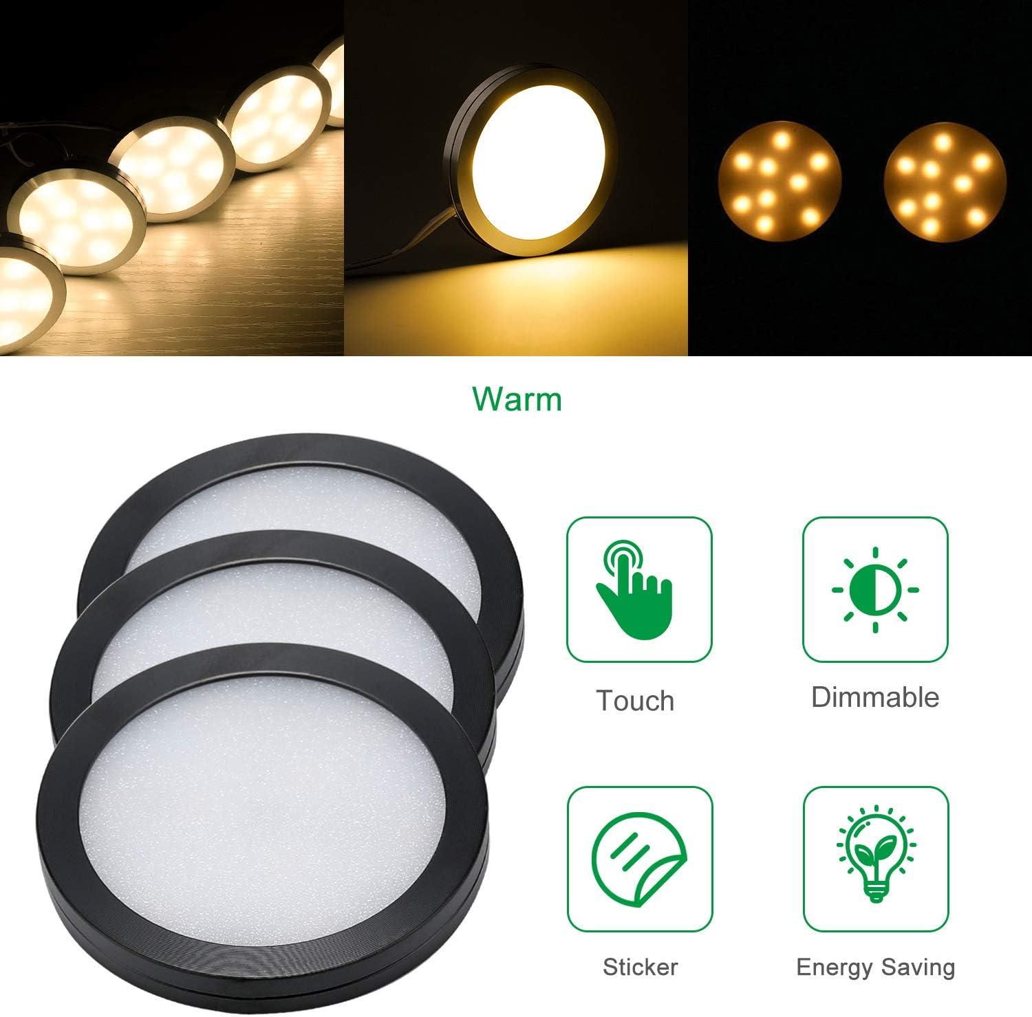 AIBOO LED Under Cabinet Lighting Black Cover Puck Lights Kit with Touch Dimmer Switch (3 Lights,Warm White)