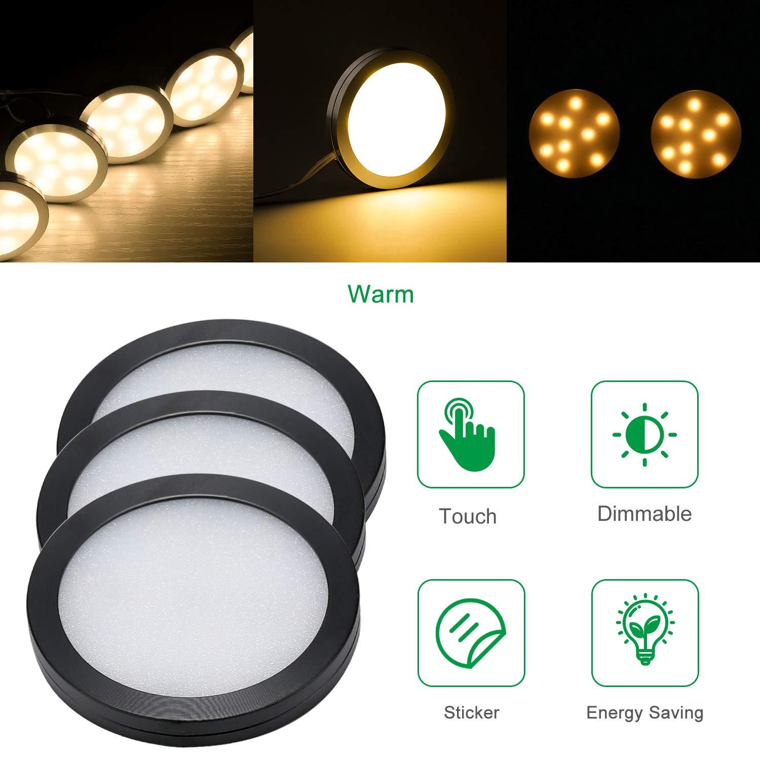AIBOO LED Under Cabinet Lighting Black Cover Puck Lights Kit with Touch Dimmer Switch (3 Lights,Warm White)