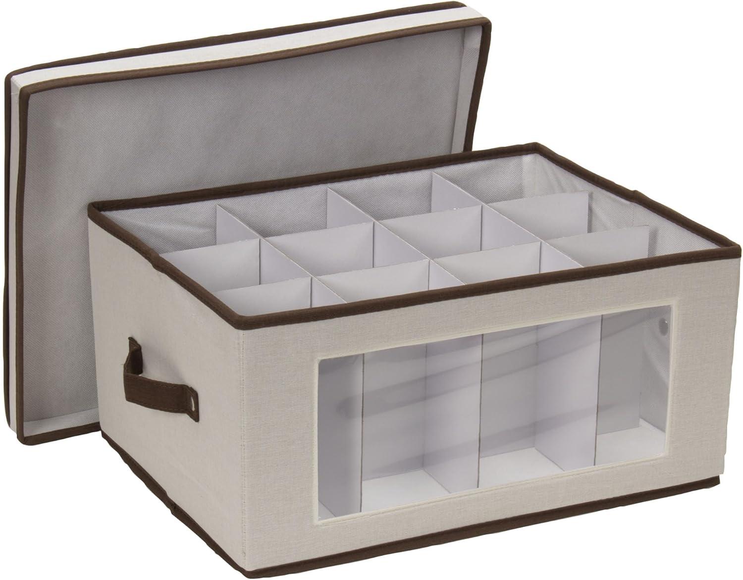 Wine Glass Storage Box, Strong Frame and Handles, Windowed Panel, Cream
