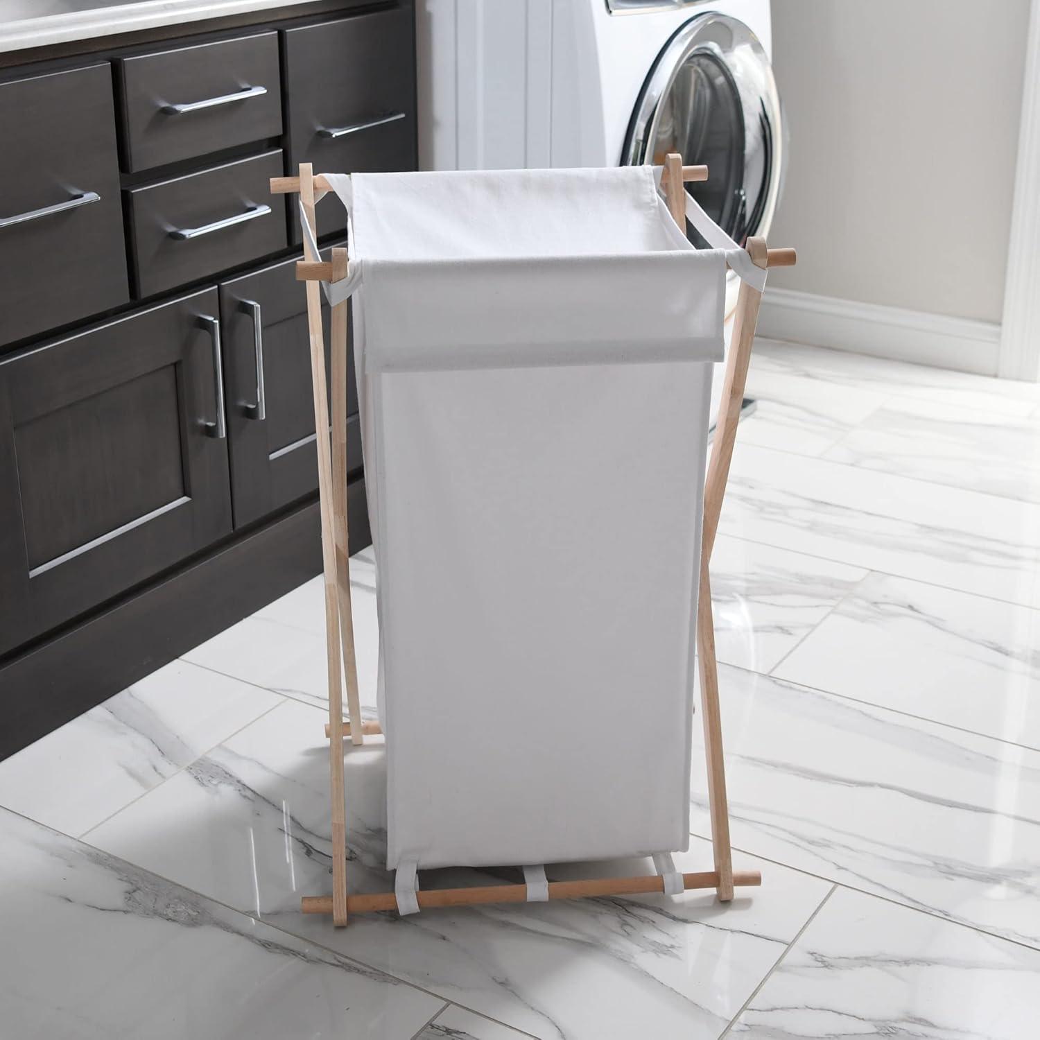 Household Essentials X-Frame Wood Laundry Hamper, Folding Wood Frame with Washable Poly-Cotton Bag