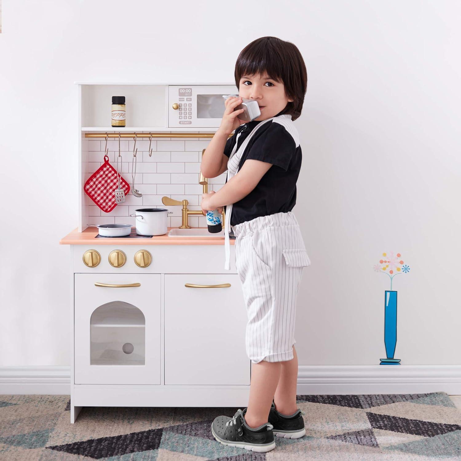 Teamson Kids Little Chef Boston Wooden Pretend Play Kitchen Set with Oven, Microwave and Acessory Set