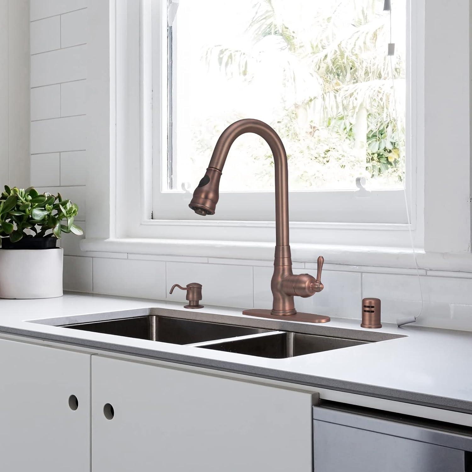 Copper Pull Down Kitchen Faucet with Single Handle Deck Plate Included