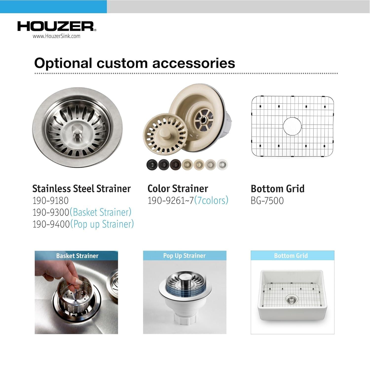 Houzer 30x20 inFireclay Apron Front Single Bowl Kitchen Sink w/ Strainer,Grid-PTS-4100 WH-C