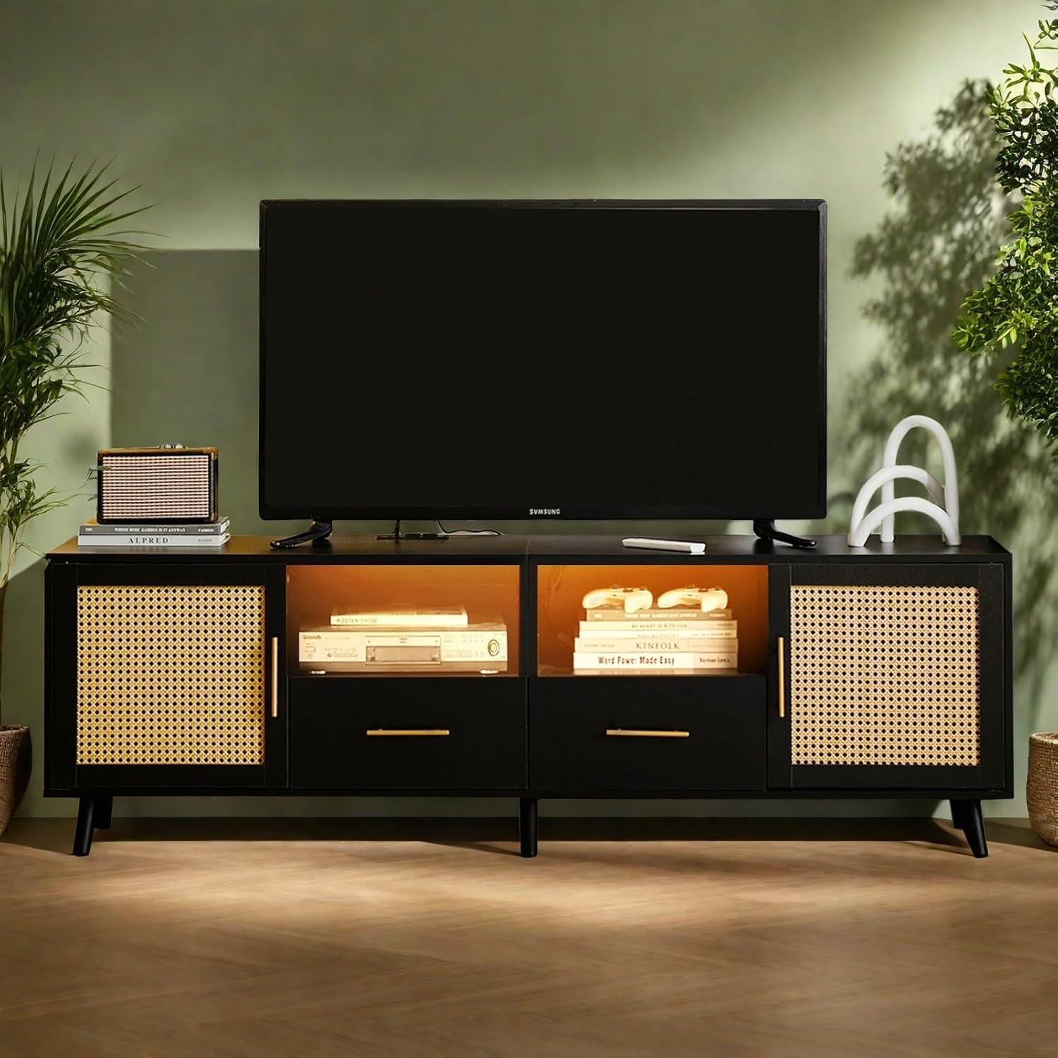 Bay Isle Home™ Heyer Large Wood Rattan TV Stand for TVs up to 75" with LED Light and Charging Station, Coastal Media Console Table, Multimedia Storage Furniture with 2 Drawers, Lighting TV Cabinet