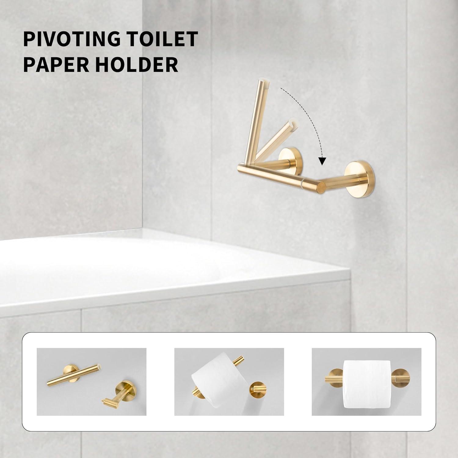 Fixsen Gold Toilet Paper Holder Bathroom Double Post Pivoting Tissue Roll Holder Stainless Steel and Zinc Alloy Wall Mount Detachable (Gold, 1)