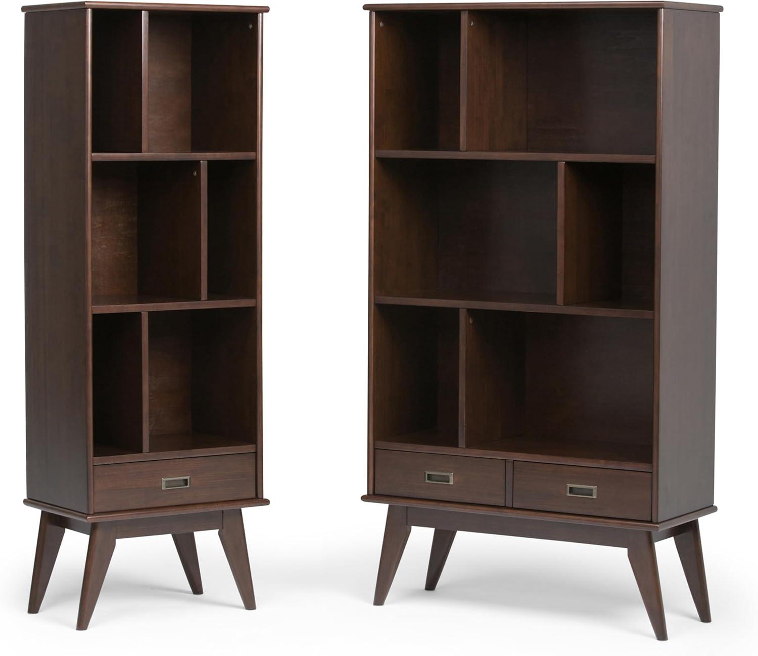 Simpli Home Draper 35"W Solid Hardwood 6 Shelf Compartment Mid-Century Modern Wide Bookcase with 2 Drawers