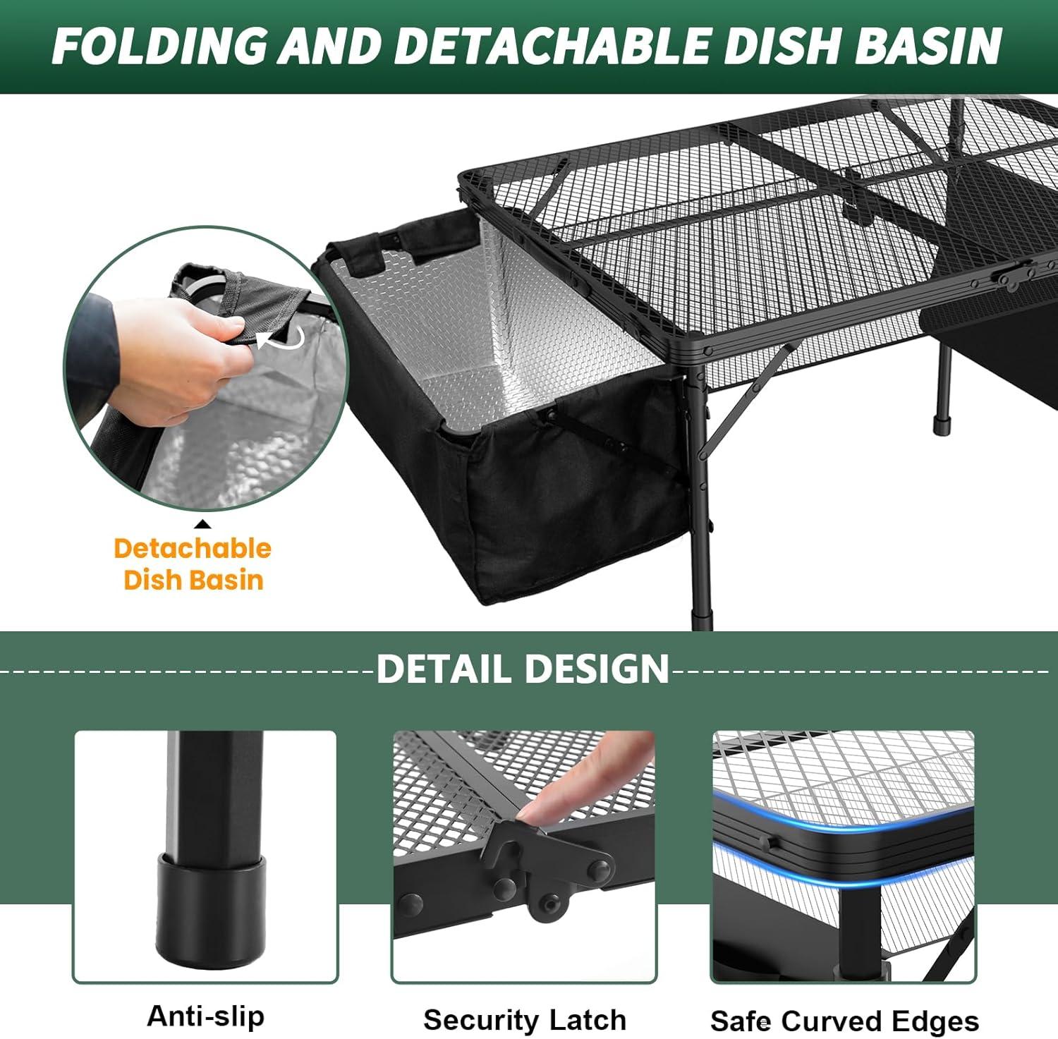 Black Metal Folding Camping Table with Mesh Panels