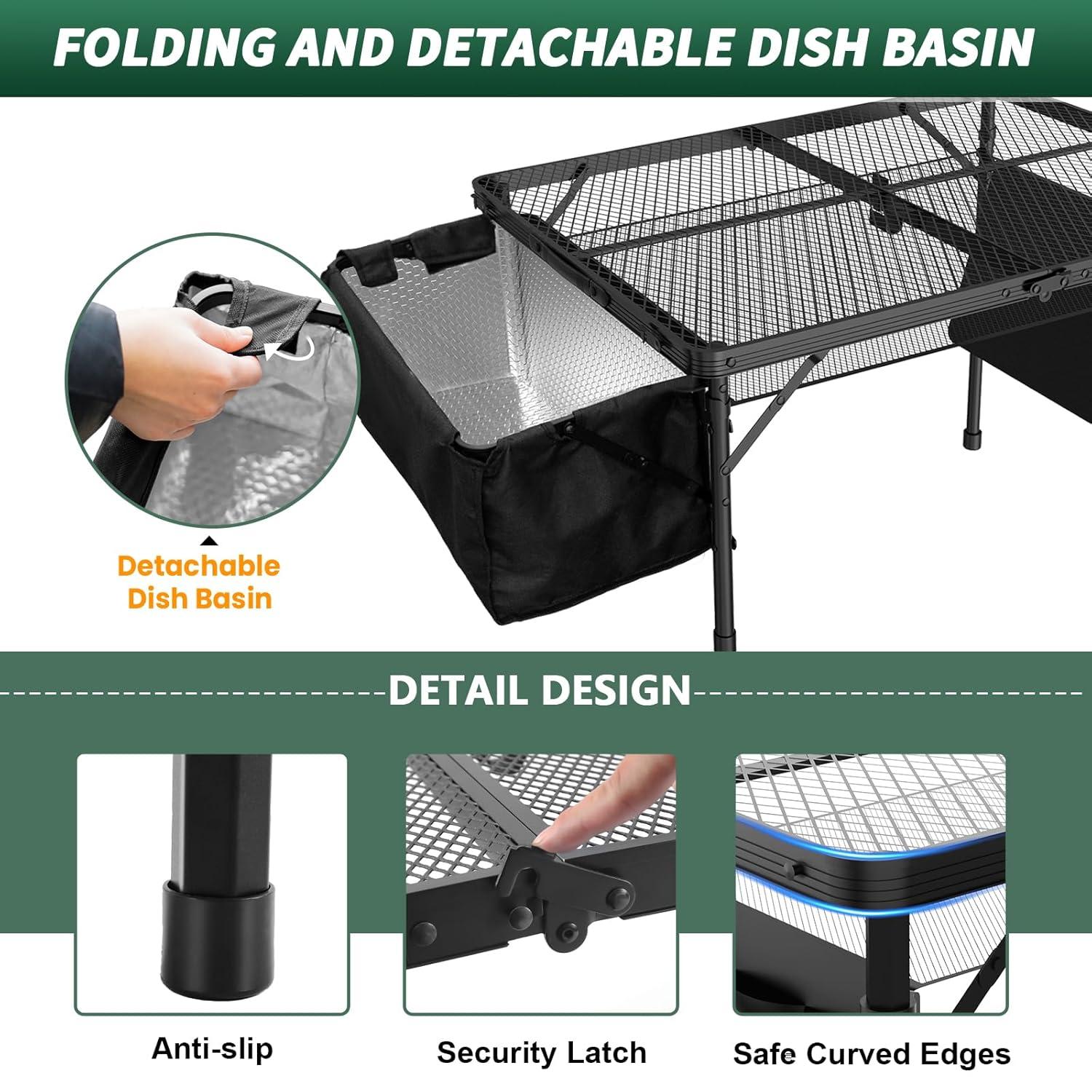 Black Metal Folding Camping Table with Mesh Panels