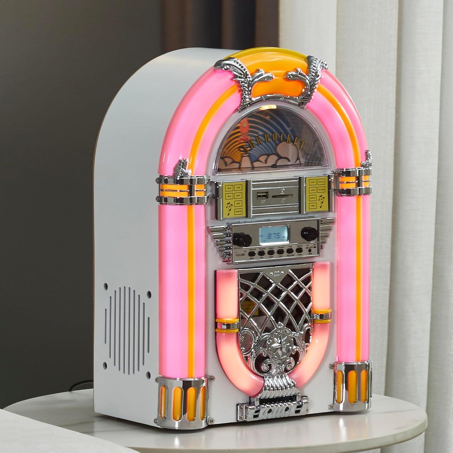 Arkrocket Athena Mini Jukebox/Tabletop CD Player/Bluetooth Speaker/Radio/USB and SD Card Player with Retro LED Lighting System (Pink White)