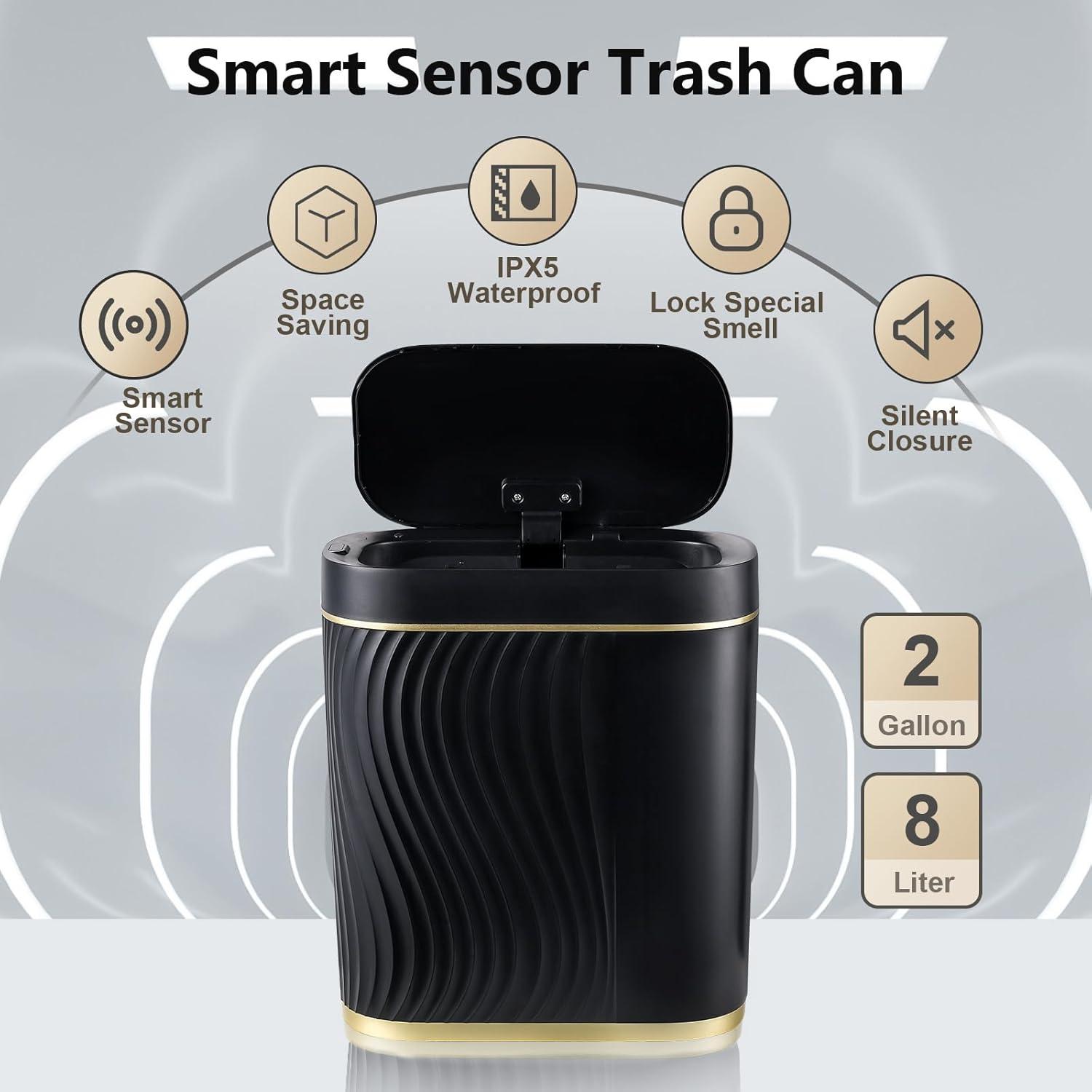 RFVT Small Automatic Trash Bin 2 Gallon Motion sensor. For bath, kitchen. Slim, waterproof plastic