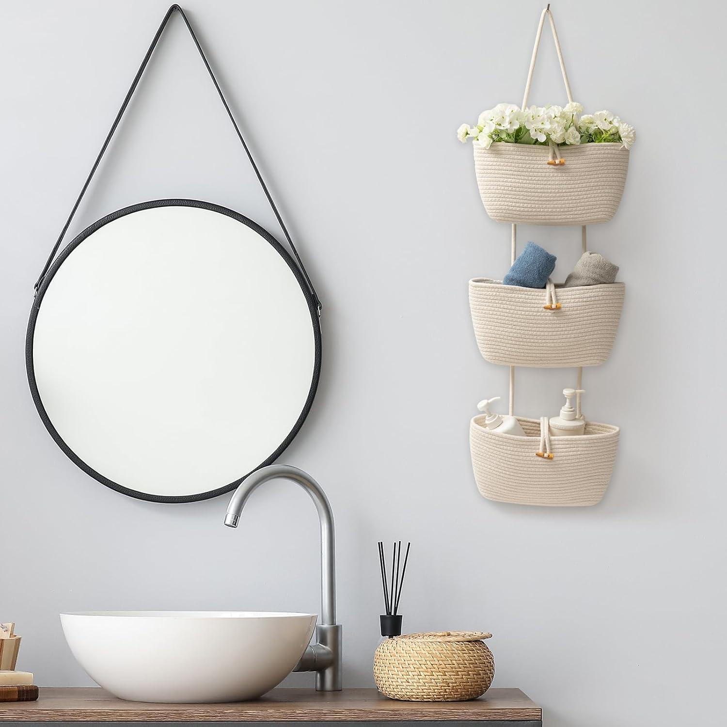 TeoKJ Over the Door Hanging Baskets with Button Strap, 3-Tier Woven Cotton Storage Organizer Bag, Wall-Mounted with Hook Decorative Hanging Kitchen Baskets - White