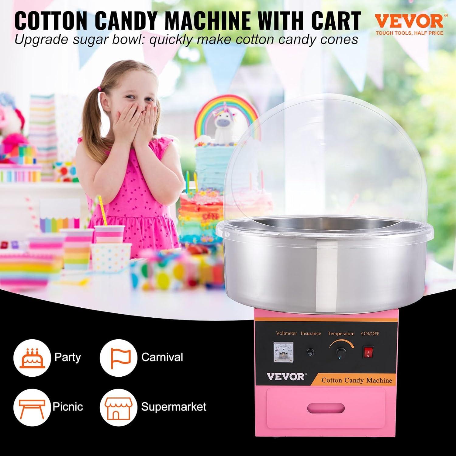 VEVOR Electric Cotton Candy Machine Cart, 1000W Commercial Floss Maker w/Stainless Steel Bowl, Sugar Scoop and Drawer, Perfect for Home, Carnival, Kids Birthday, Family Party, Pink