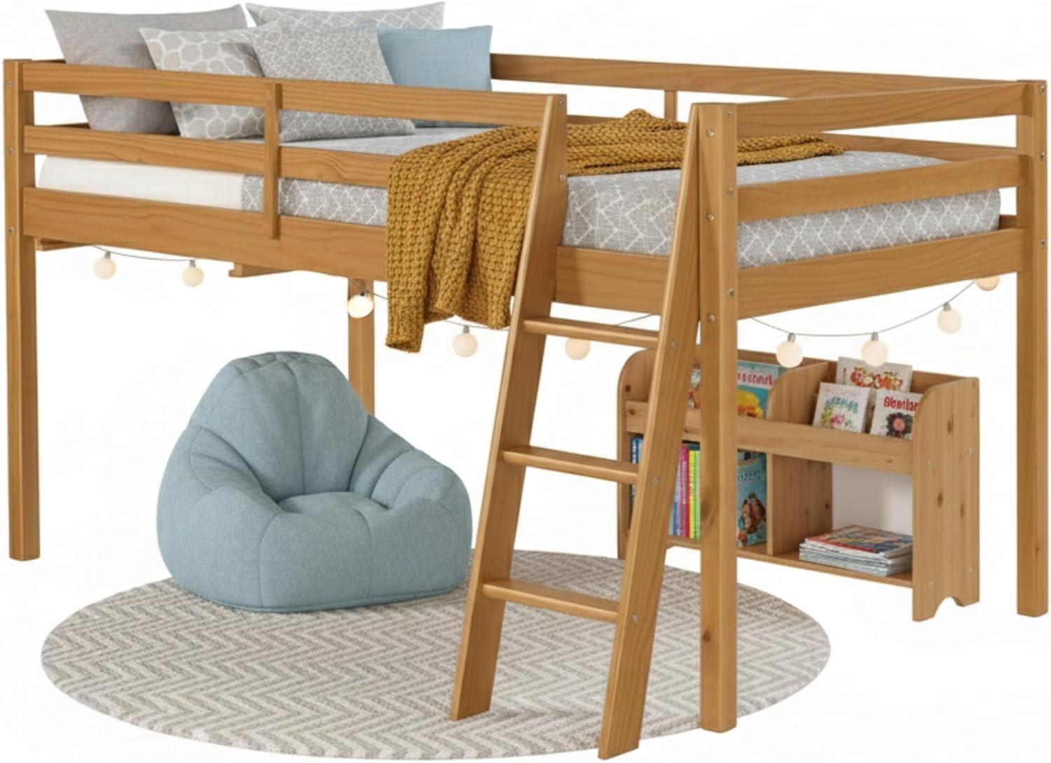 Kwinana Roxy Twin Size Junior Wood Loft Bed, Sturdy Wooden Frame for Kids - Includes Built-in Side Desk & Open Shelving for Storage, Children's Furniture