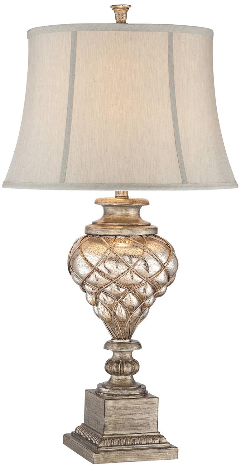 Barnes and Ivy Traditional Table Lamp with LED Nightlight Dimmer 33 3/4" Tall Mercury Glass Off-White Shade for Bedroom Nightstand
